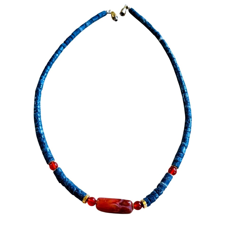 VTG Denim Blue Sponge Coral Carnelian Beaded Necklace Boho Genuine Heishi 20g